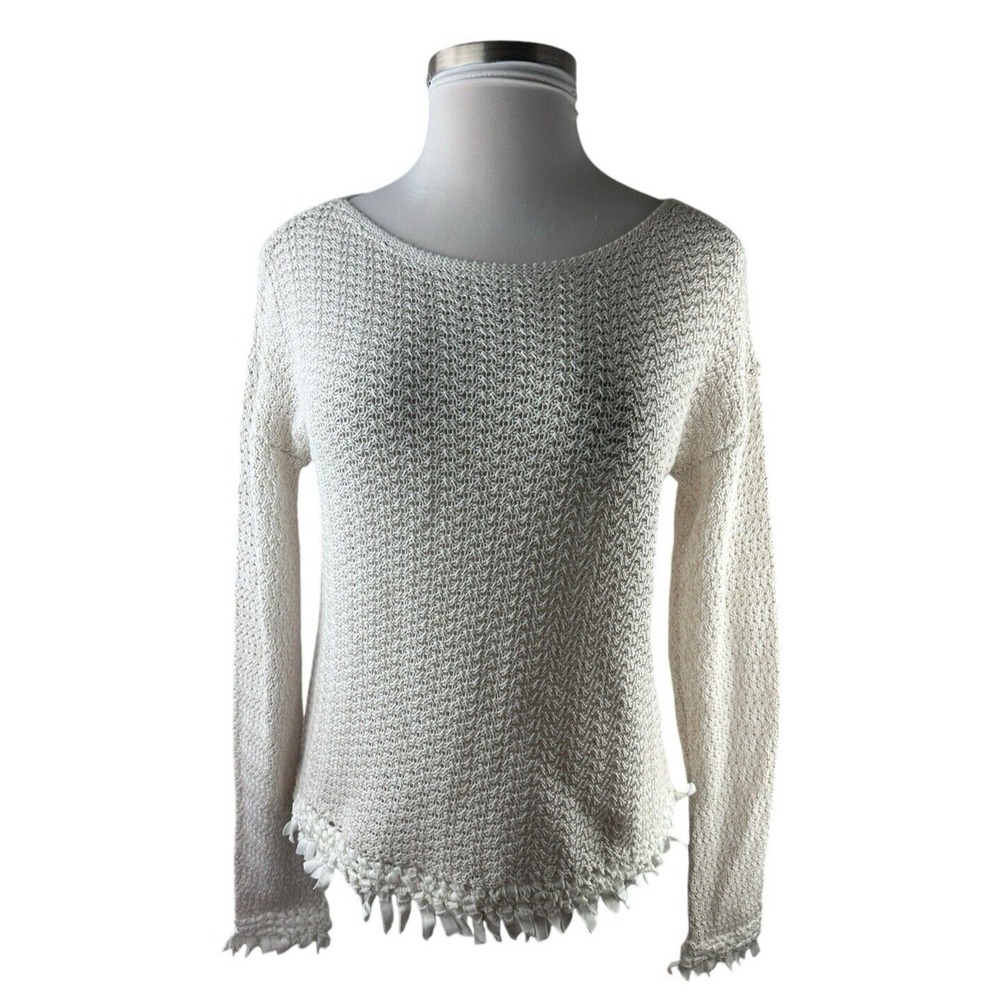 ✨2/$20 White + Warren Open Knit Fringe Trim Sweater Oatmeal Large Boho Coastal - Picture 3 of 16